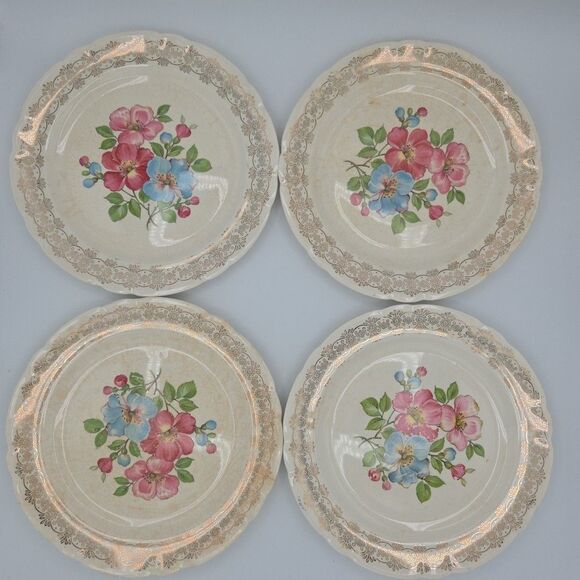 French Saxon China 22k Blossomtime 9.25 Inch Diameter Gold Plates Set Of 4 Lot 1 - Picture 1 of 10